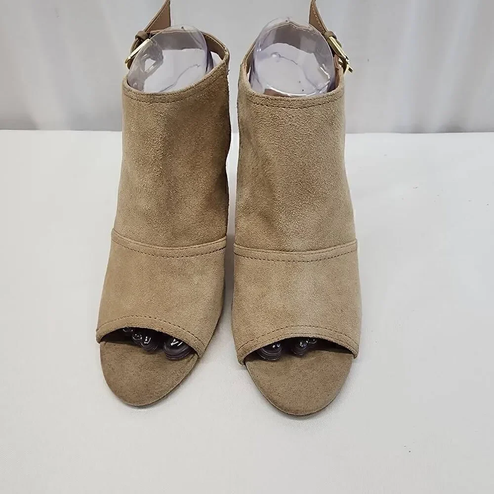 Nine West Size 8.5 Payton Suede Tan Leather Wedge Slingback Sandal Heels O